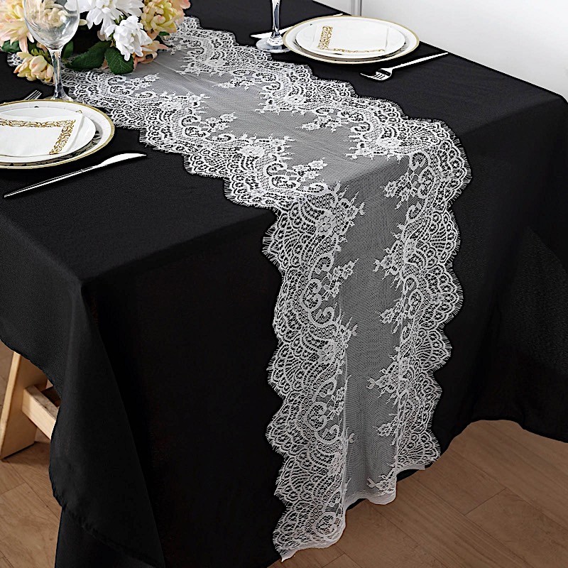 WHITE 15" x 117" Premium Lace TABLE RUNNER Scalloped edges Party Decorations