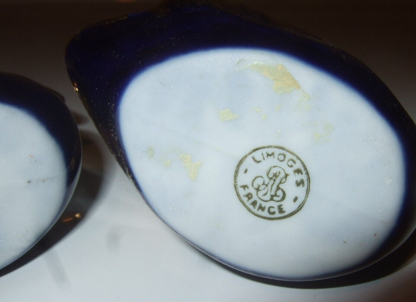 Limoges Swan Salt Dish Cobalt Blue and Gold Pair