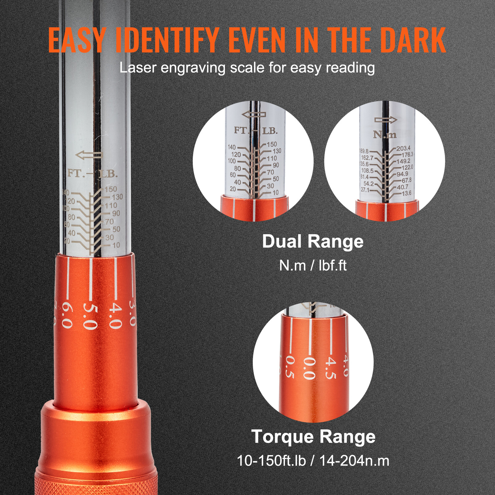 VEVOR Torque Wrench Adjustable Torque Wrench 1/2" Drive 10-150ft.lb/14-204n.m