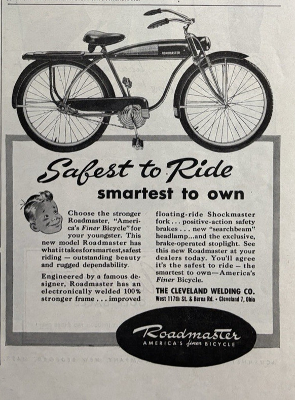 1950s Roadmaster Bicycle Safest Ride Smartest Own Cleveland Welding VTG Print Ad
