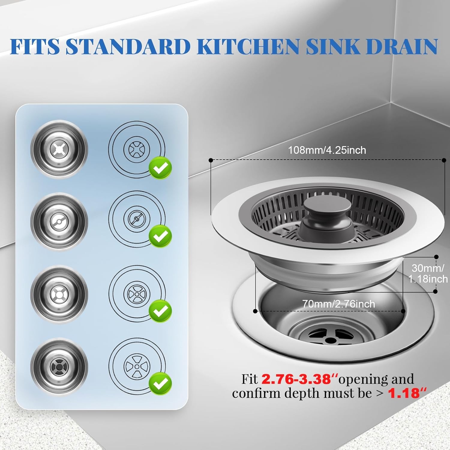 3in1 Kitchen Sink Drain Strainer & Sink Stopper,304 Stainless Sink Drain Stopper
