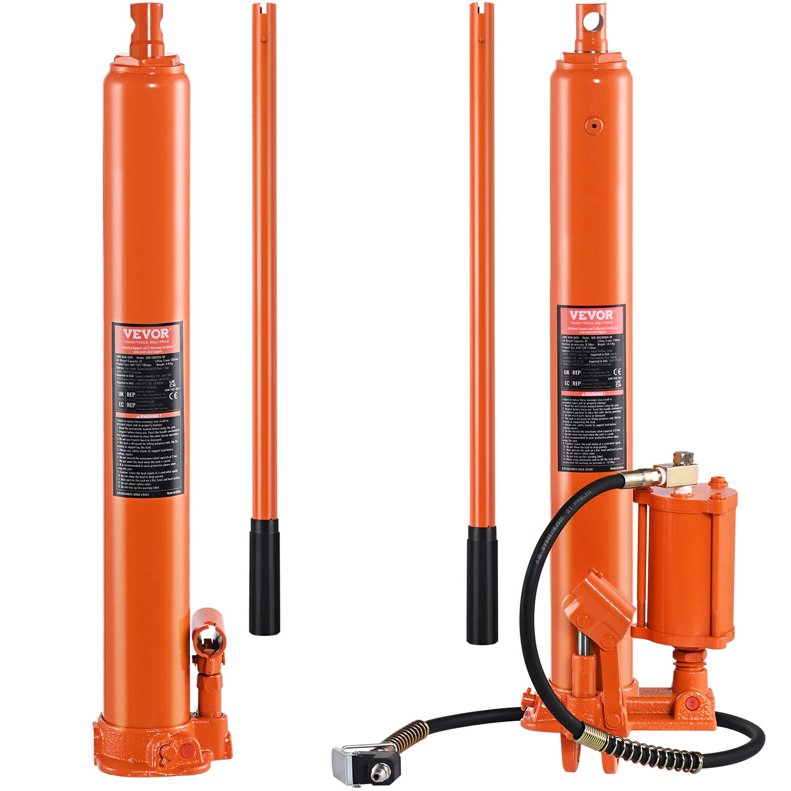 VEVOR Hydraulic Long Ram Jack 3/4/8T Flat/Clevis Base Engine Lift Hoist Cylinder