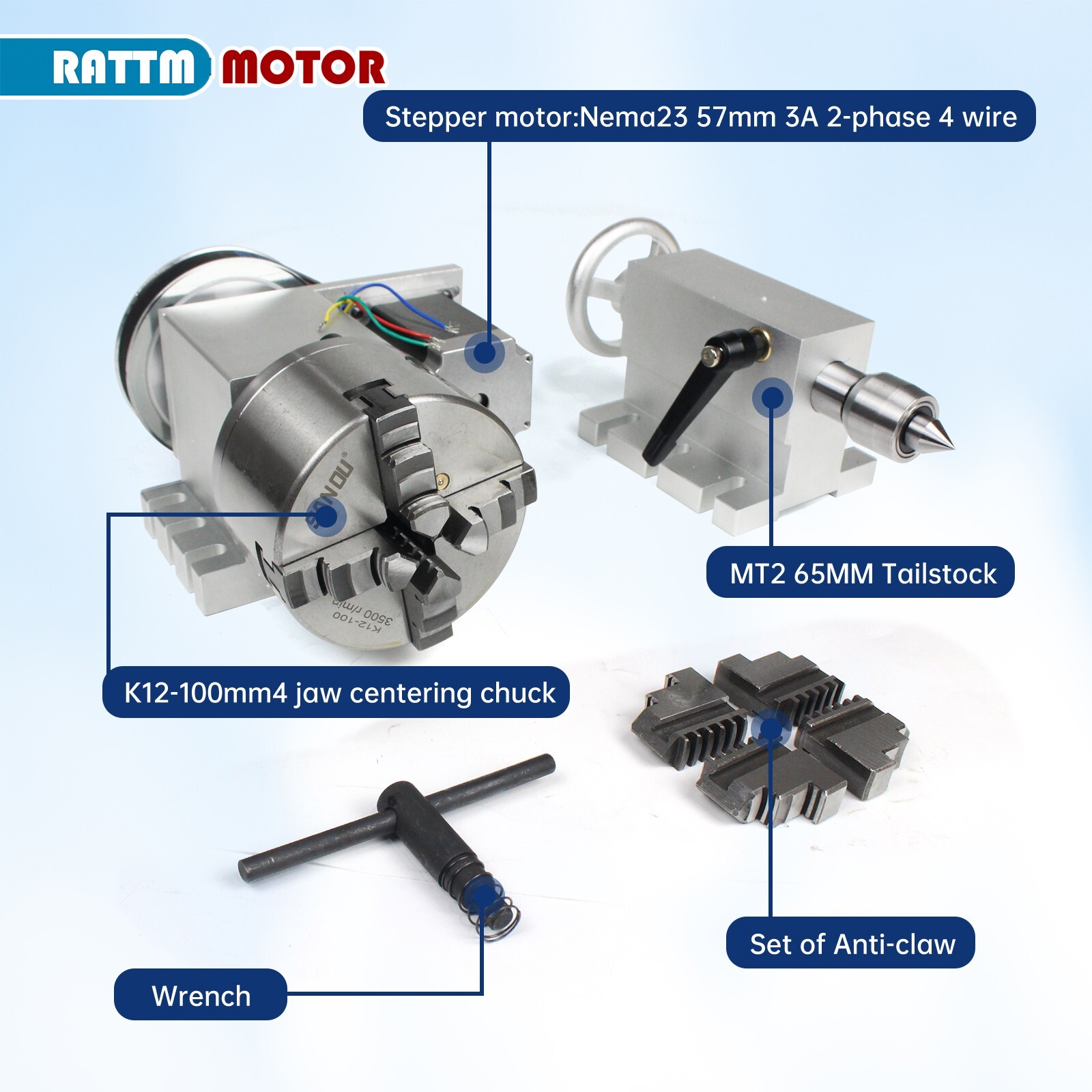 〖US〗CNC Rotation 4th Axis 100mm 4 Jaw Chuck Rotary Table with MT2 65mm Tailstock