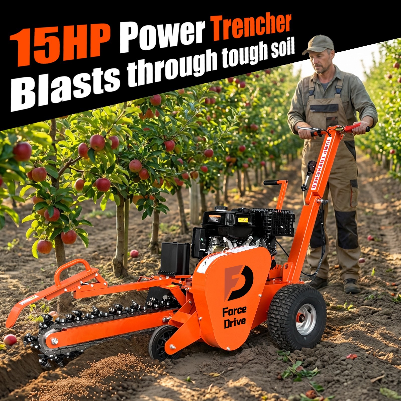 420cc 15HP E-Start Gas Powered Trencher, 24'' Trench Depth/4'' Trench Width