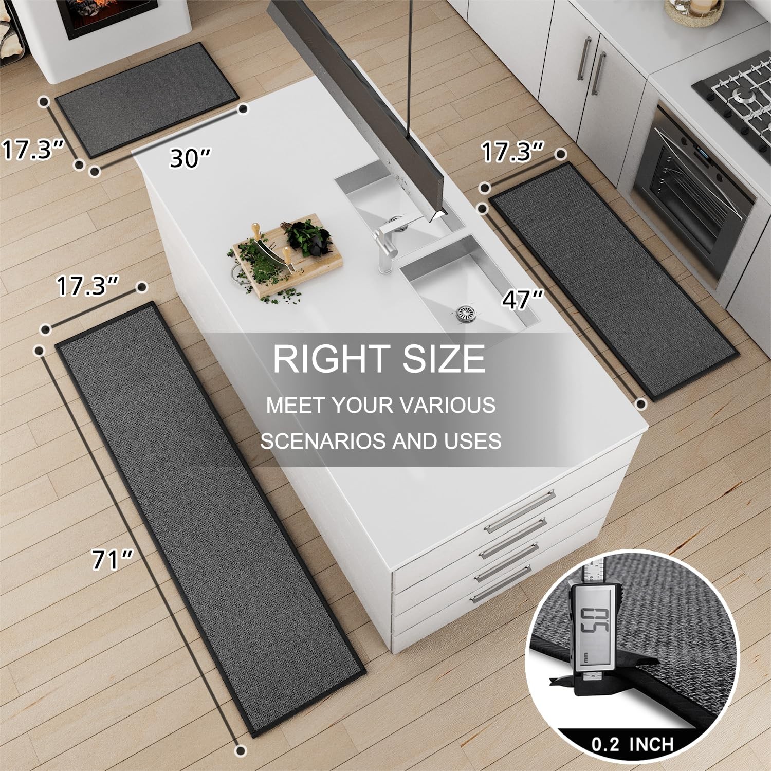 SUMLANS Kitchen Mat Set of 2 PCS, 17.3"x47"+17.3"x30" (Set 2), Black