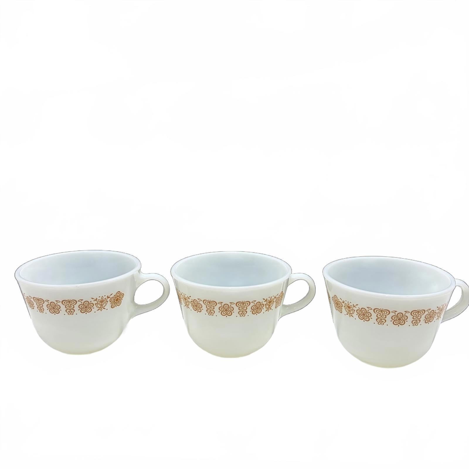 Set of 3 Vintage Corning Pyrex Butterfly Gold milk glass coffee cups