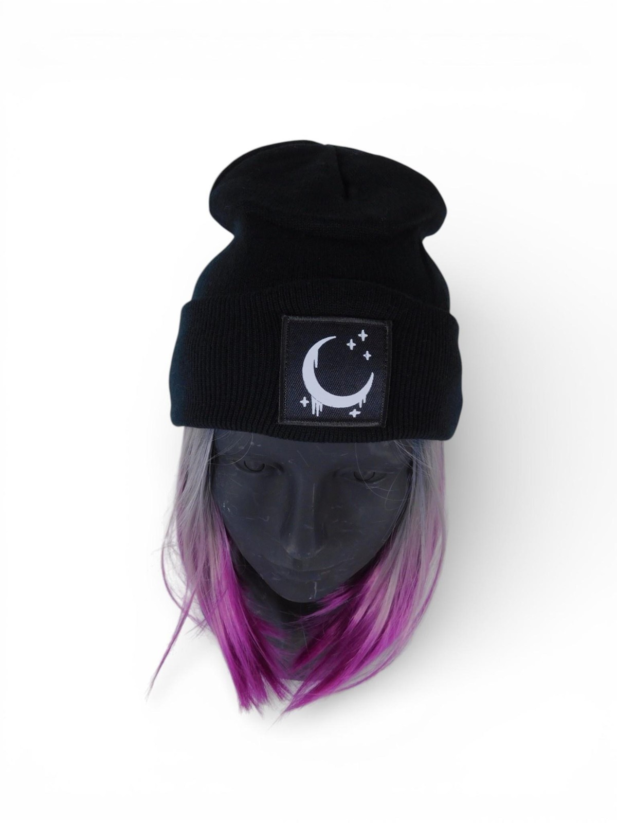 Crescent Moon Beanie Hat Womens One Size Black Satin Lined Knit Warm Winter