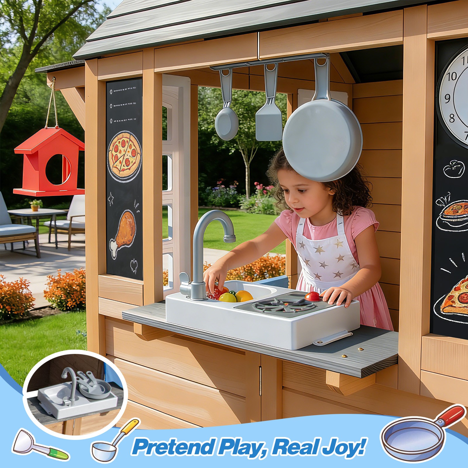 Wooden Kids Outdoor Playhouse with Window,Bench,Toy Kitchen,Flowerpot,Blackboard