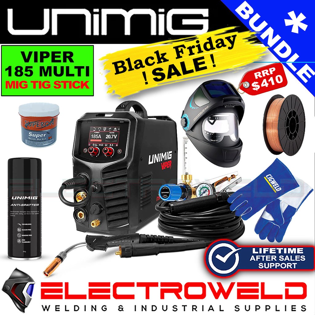 UNIMIG Viper Multi 185 Mig Tig Welder Bundle + Helmet Gloves Wire Tip Dip U11260