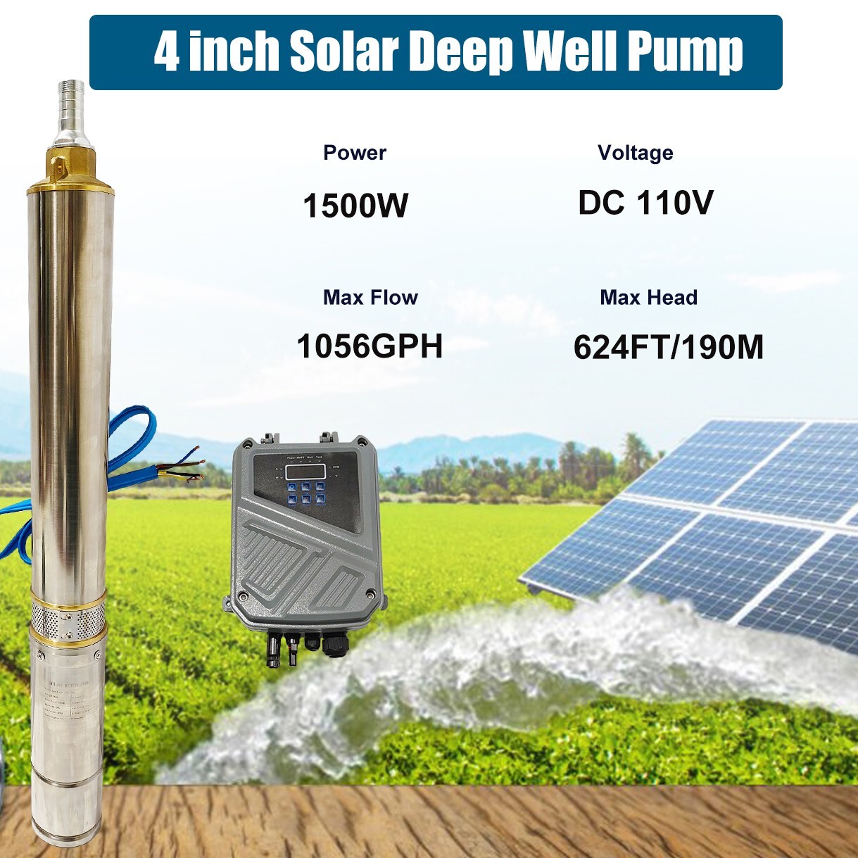 2HP 4" Solar Pump Submersible Pump Bore Deep Well Pump+MPPT Controller DC 110V