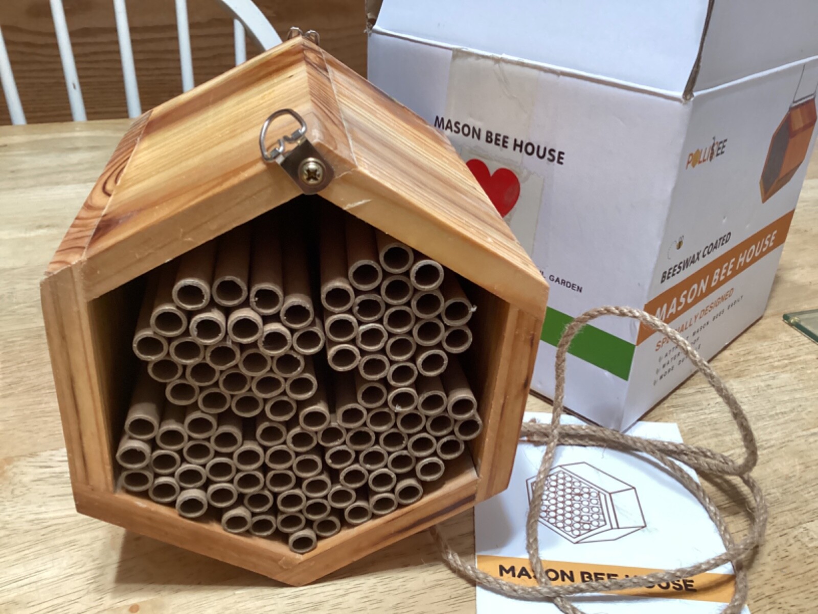 Mason Bee House - Handmade Natural Wooden Bee Hive Coated with Wax for Water