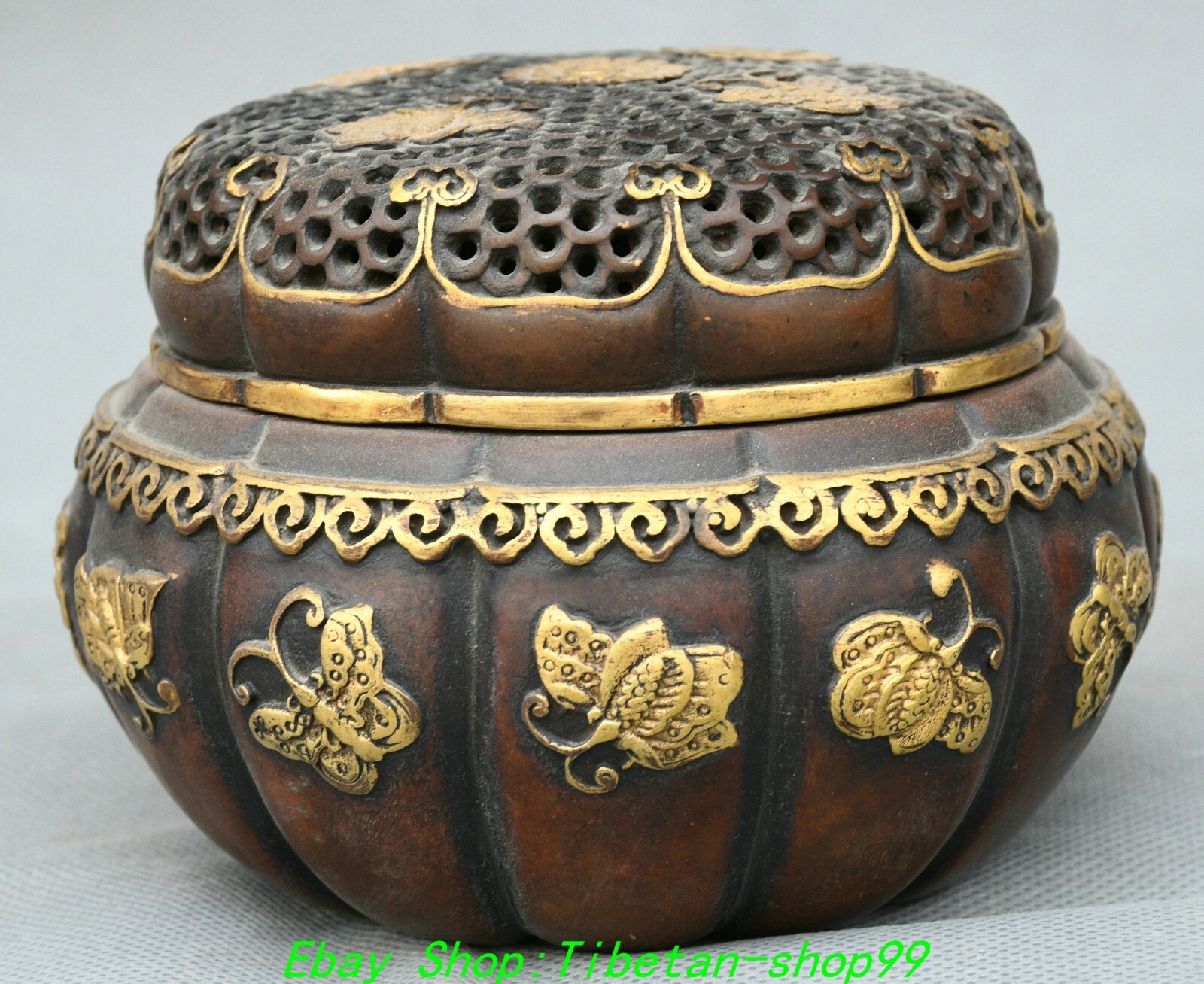 4.7''Old Dynasty Purple Bronze Gold Butterfly Pattern Incense Burner Censer