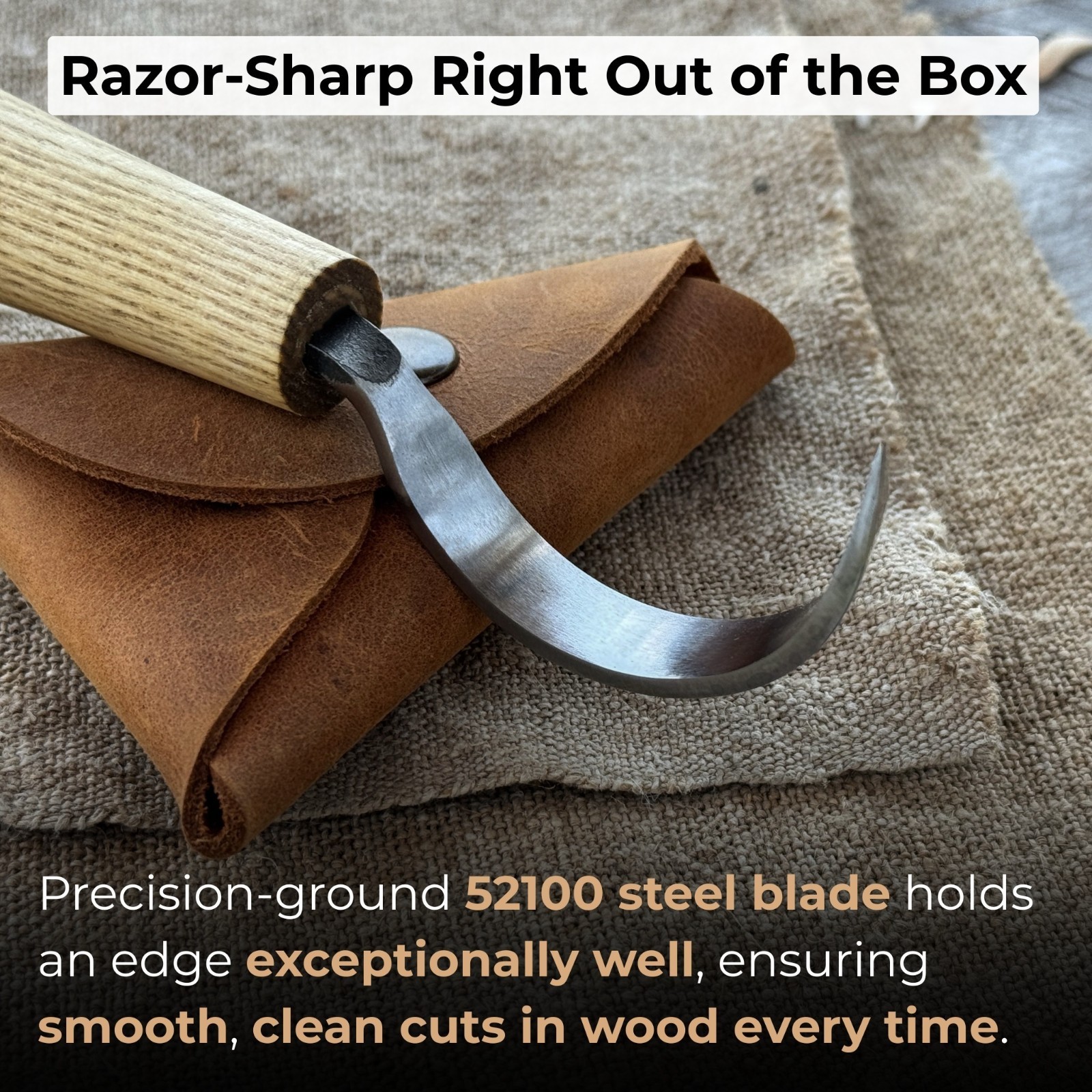 Long Hook Carving Knife 2.36'' Blade For Bowls Spoons Carbon Steel Ash Handle