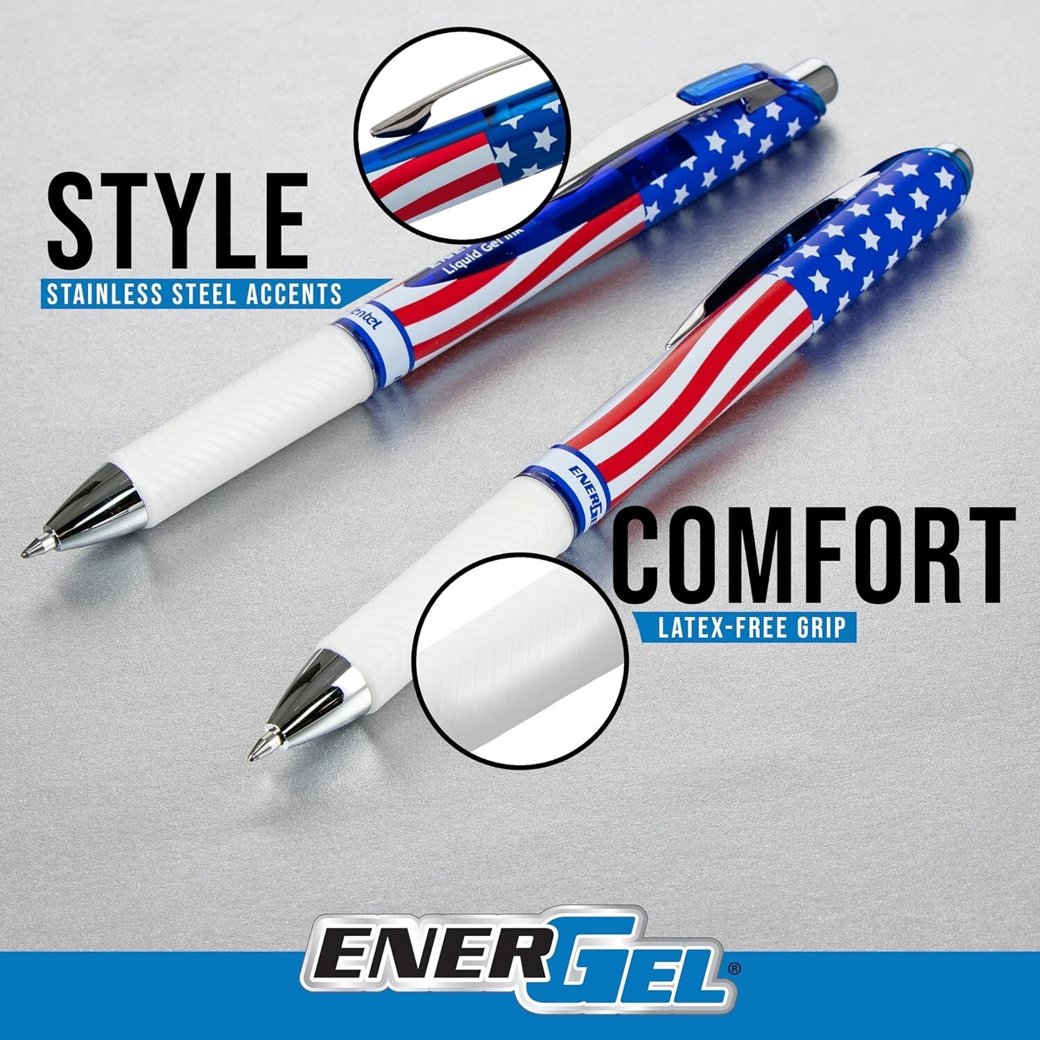 Pentel EnerGel RTX Retractable Liquid Gel Pen, Flag Barrel, Black ink, Pack of 8