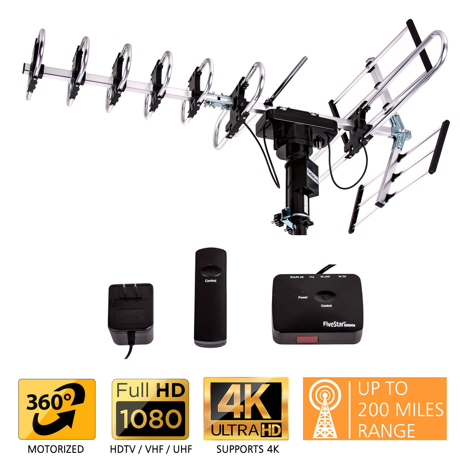 HDTV Outdoor Antenna 200 Mile 360° Rotation UHF/VHF/FM Radio with Remote Control