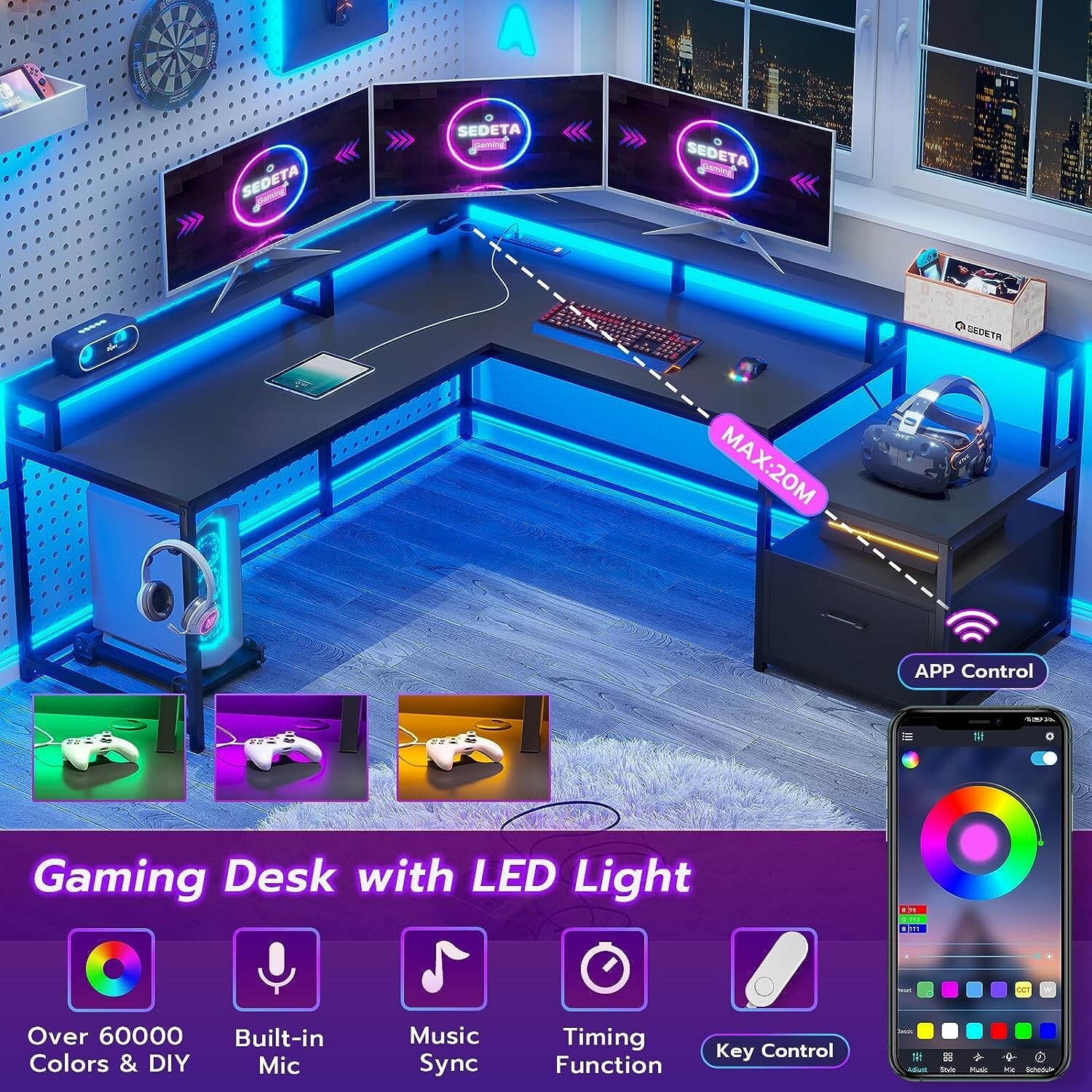 L Shaped Computer Desk with Led Lights 66" Home Office Desk with Power Outlet