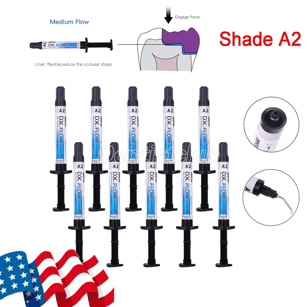 DENTEX Dental Light Cure Flowable Composite Resin Medium Flow Shade A2 3g/Pc