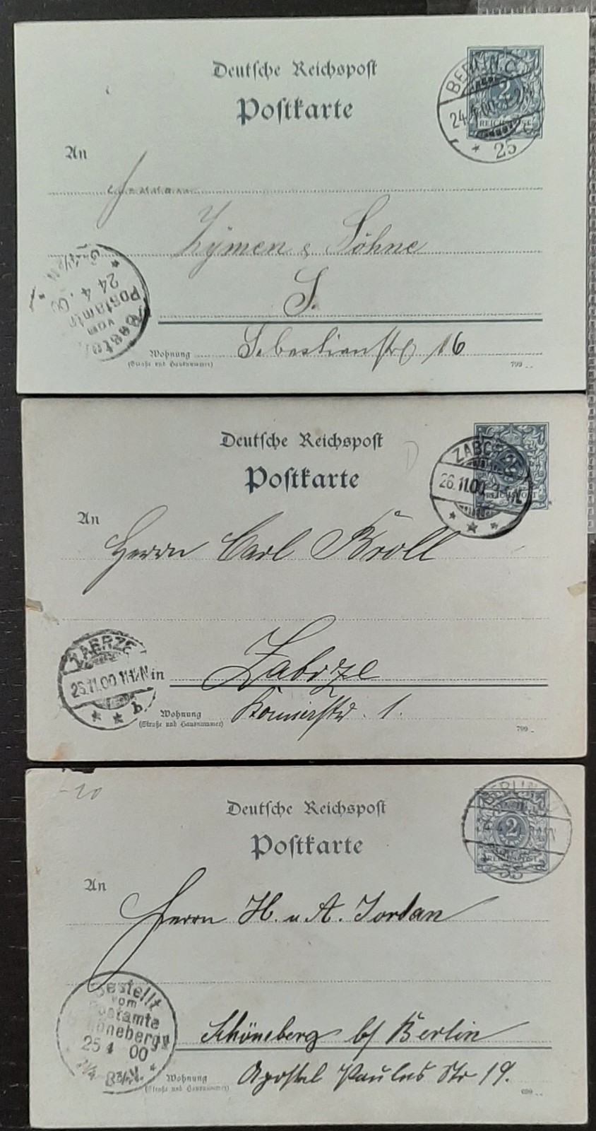 y(GER-858) GERMANY 1900 REICHPOST 2pf postal postcard used (3) different cards