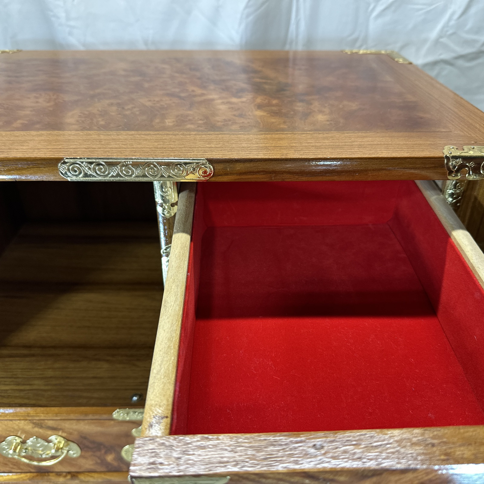 Vintage Asian Burl Wood and Brass Tansu Chest Mid Century 1970's Elegant