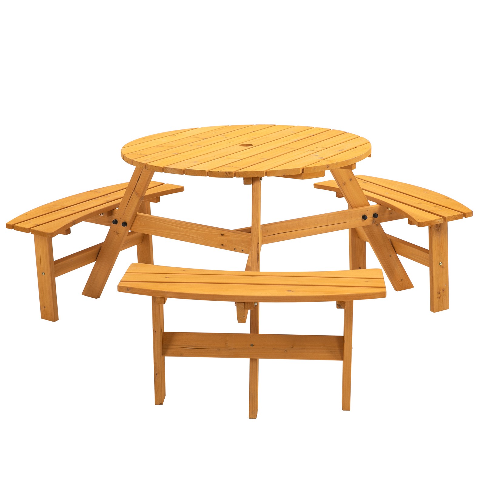 6-Person Circular Outdoor Wooden Picnic Table with 3 Built-in Benches for Patio