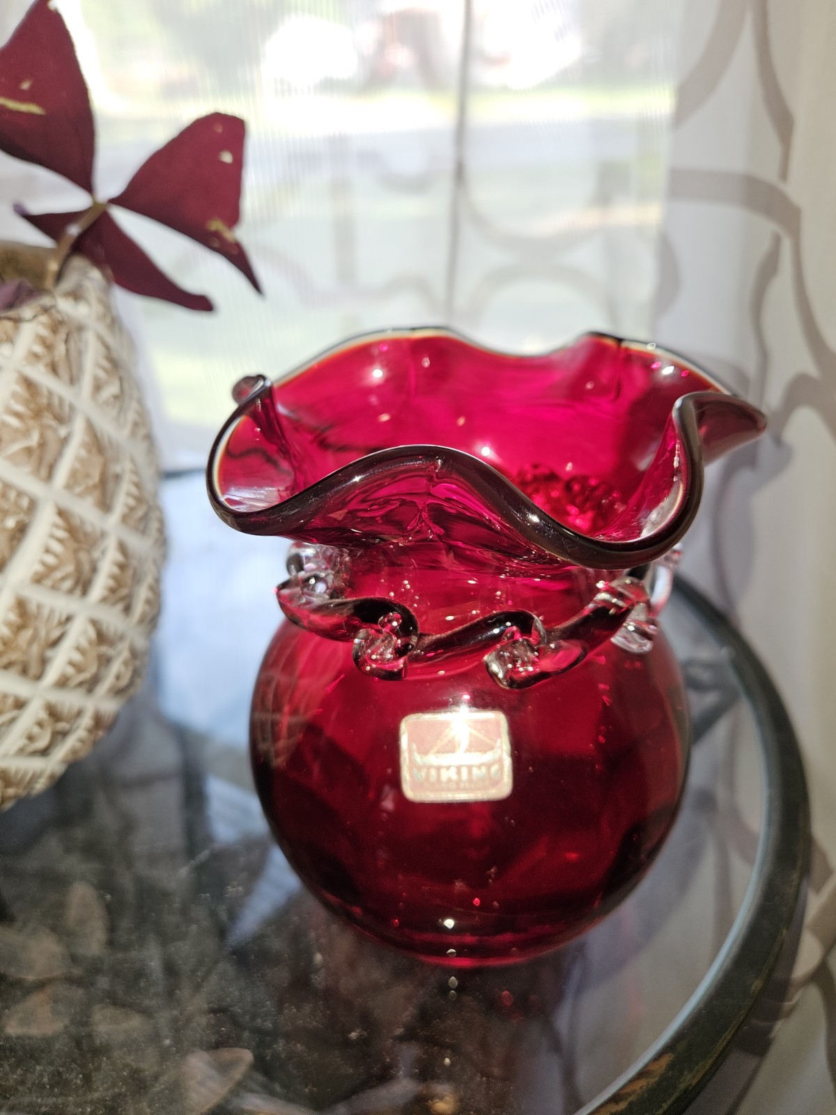 Vintage Viking Ruby Red Glass Vase Ruffle Rim With Clear Band Design - Beautiful