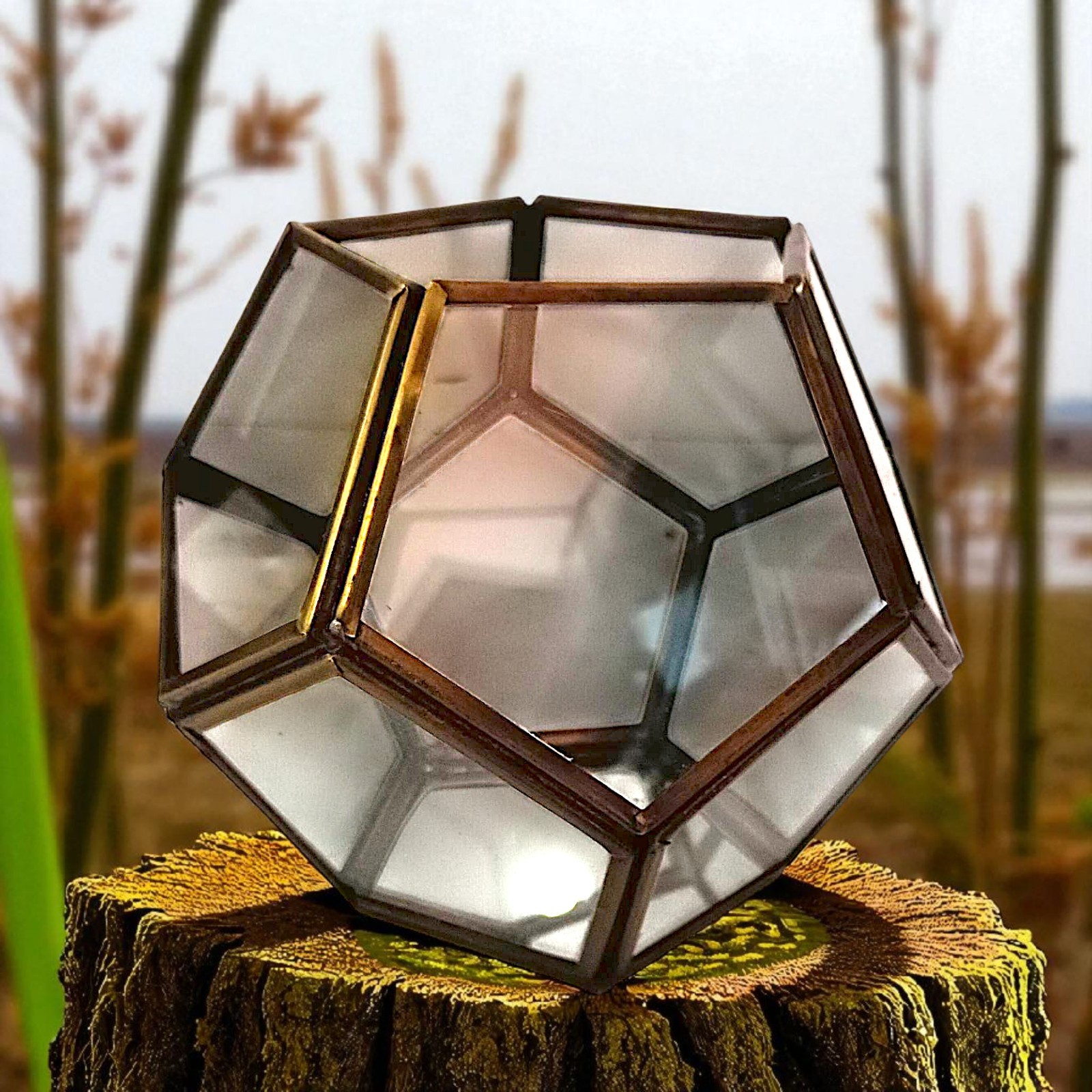 Vtg Brass Glass Terrarium Octagon Geometric Planter Display Case Candle Holder