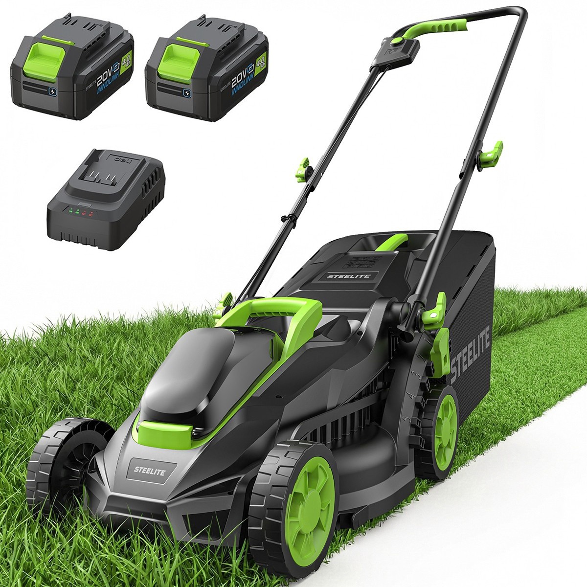 STEELITE 13-Inch 21V Cordless Lawn Mower with Brushless Motor & 2x4.0Ah Battery