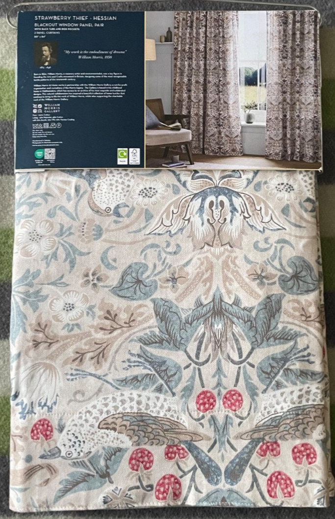 NEW William Morris 2pc BLACKOUT Strawberry Thief Hessian Window Curtain 50"x96"