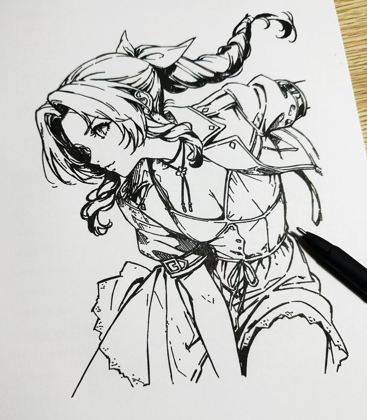 Hand Drawn (Not a Print) Final Fantasy Aerith Framed Pen and Ink Art Drawing