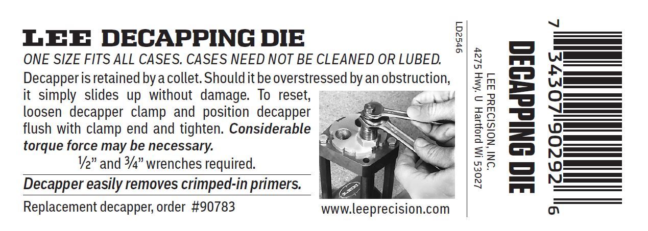 Lee Universal Depriming and Decapping Die 90292 Factory New