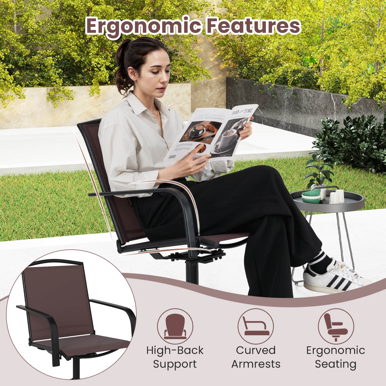 Patio Swivel Chairs Set of 2 w/ High Back & Round Metal Base for Backyard