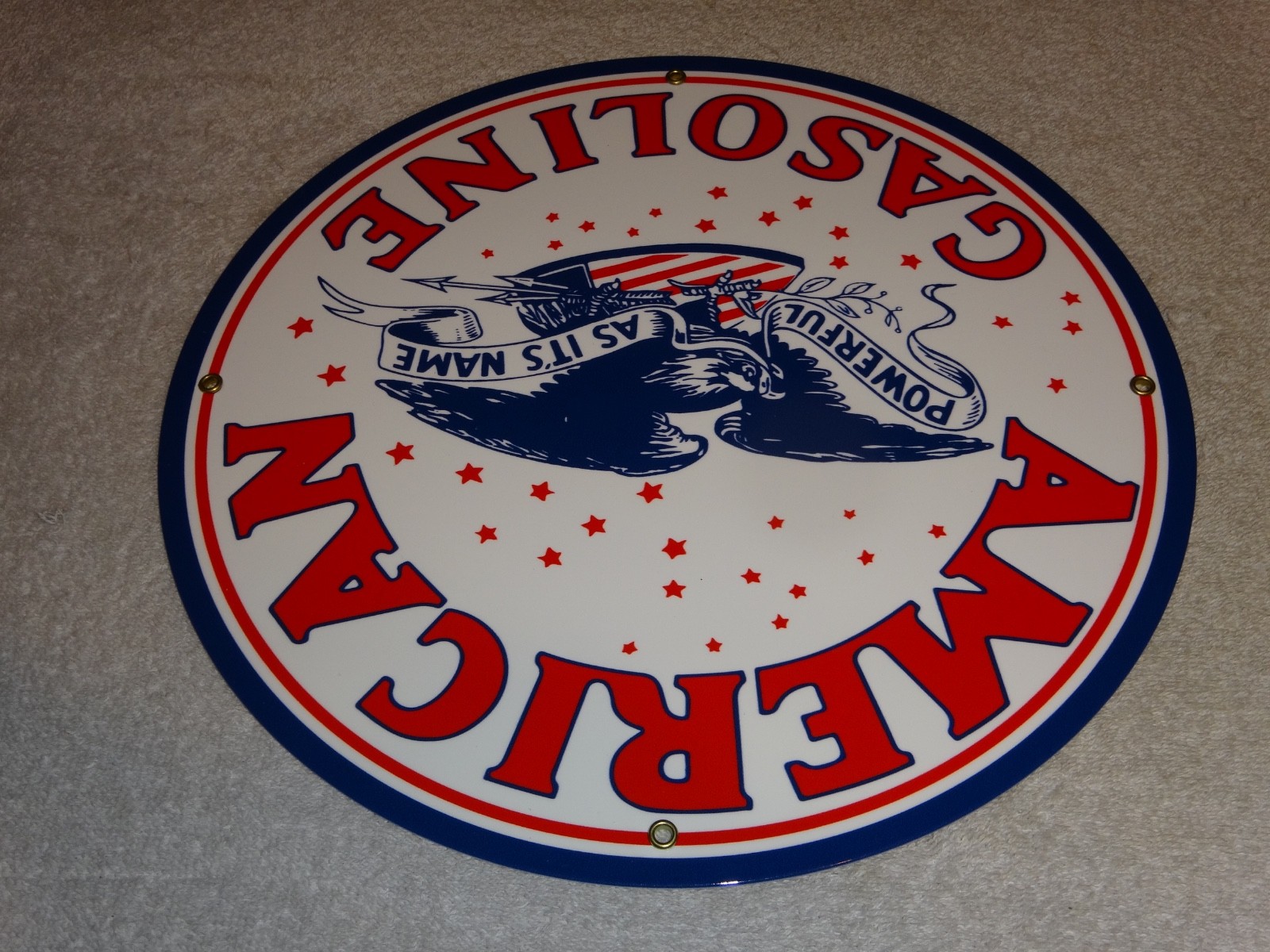 VINTAGE AMERICAN GASOLINE POWERFUL EAGLE 11 3/4" PORCELAIN METAL GAS & OIL SIGN