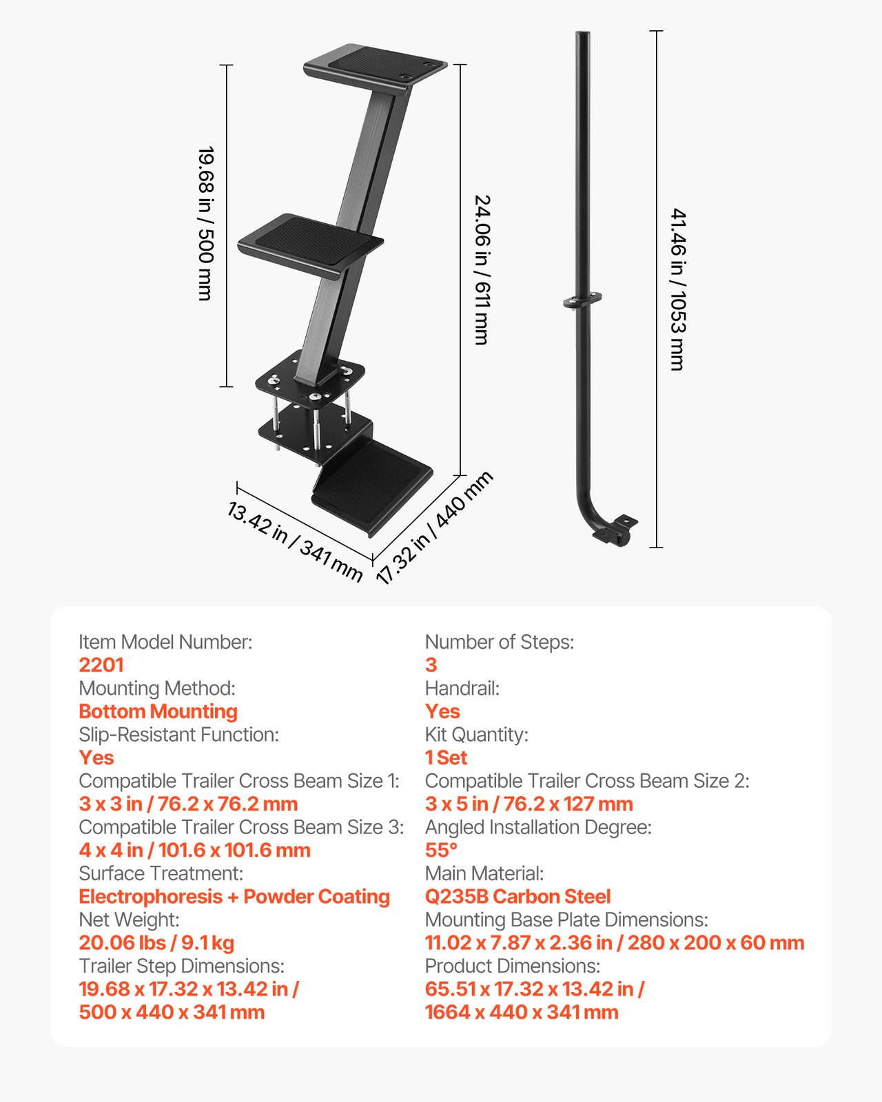 VEVOR Boat Trailer Steps Heavy Duty Boat Steps with Handle 3 Step Bottom Mount