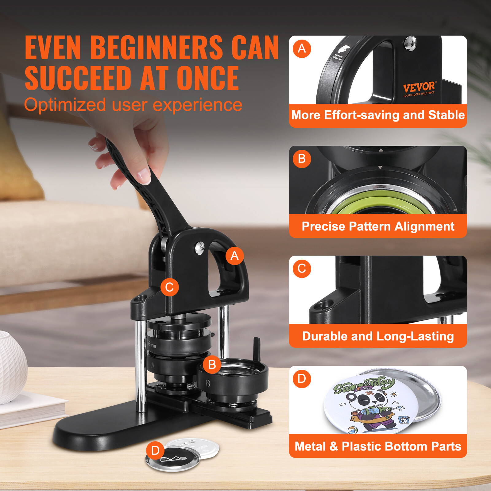 VEVOR Button Maker Machine Pin Badge Maker 1"/1.25"/2.28" 3-in-1 300Button Parts