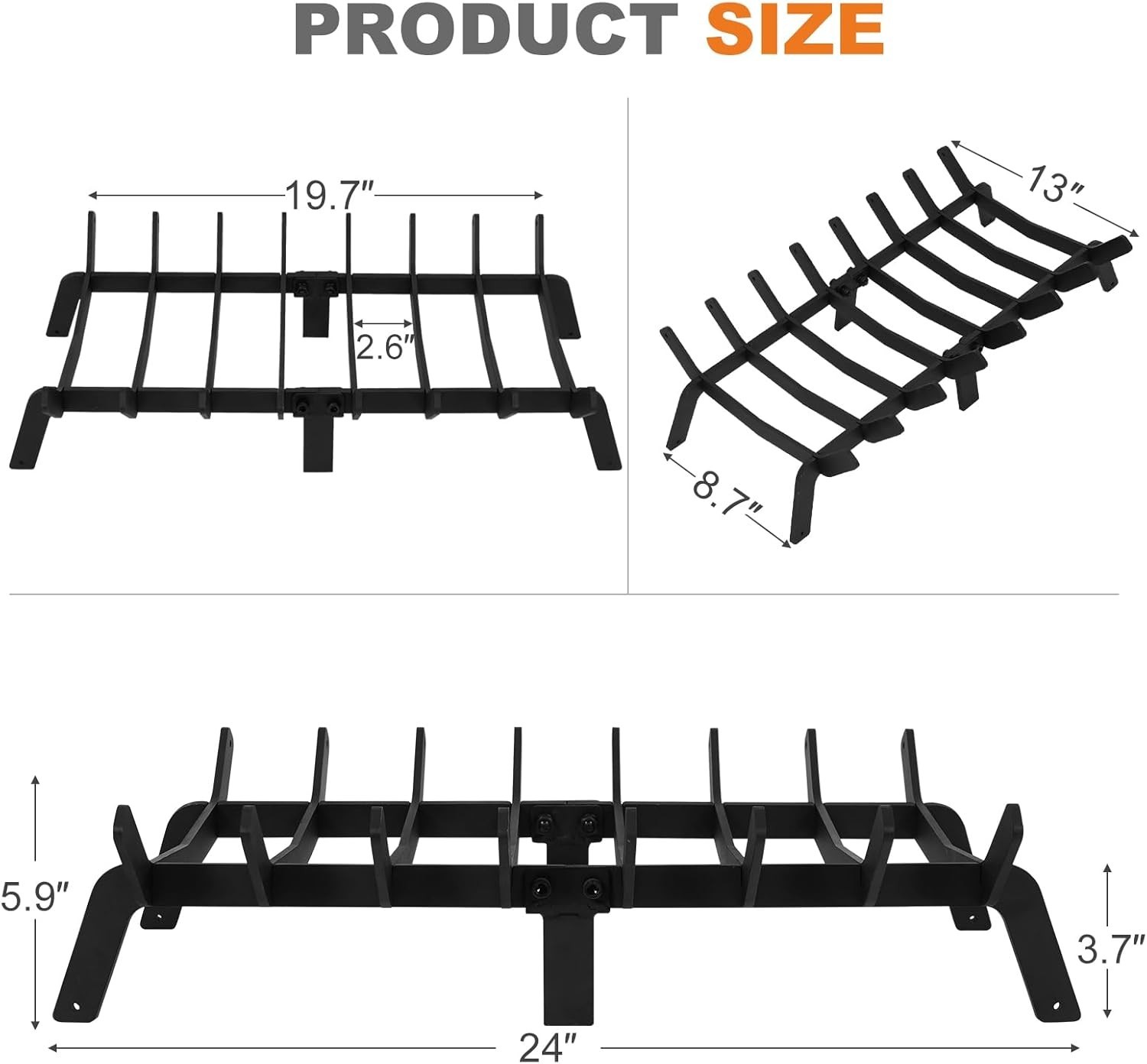 Fireplace Grates 24 Inch - Heavy Duty Steel Fireplace Rack