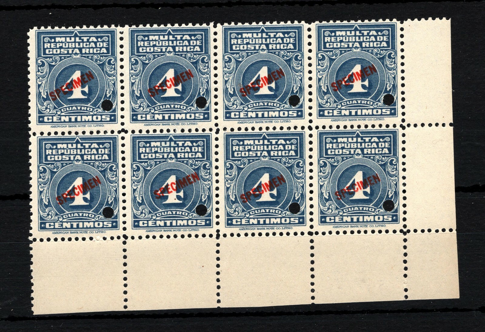 COSTA RICA REVENUES Fee ABNCo. *SPECIMEN* Corner Margin Block{8} UMM MNH SS3514