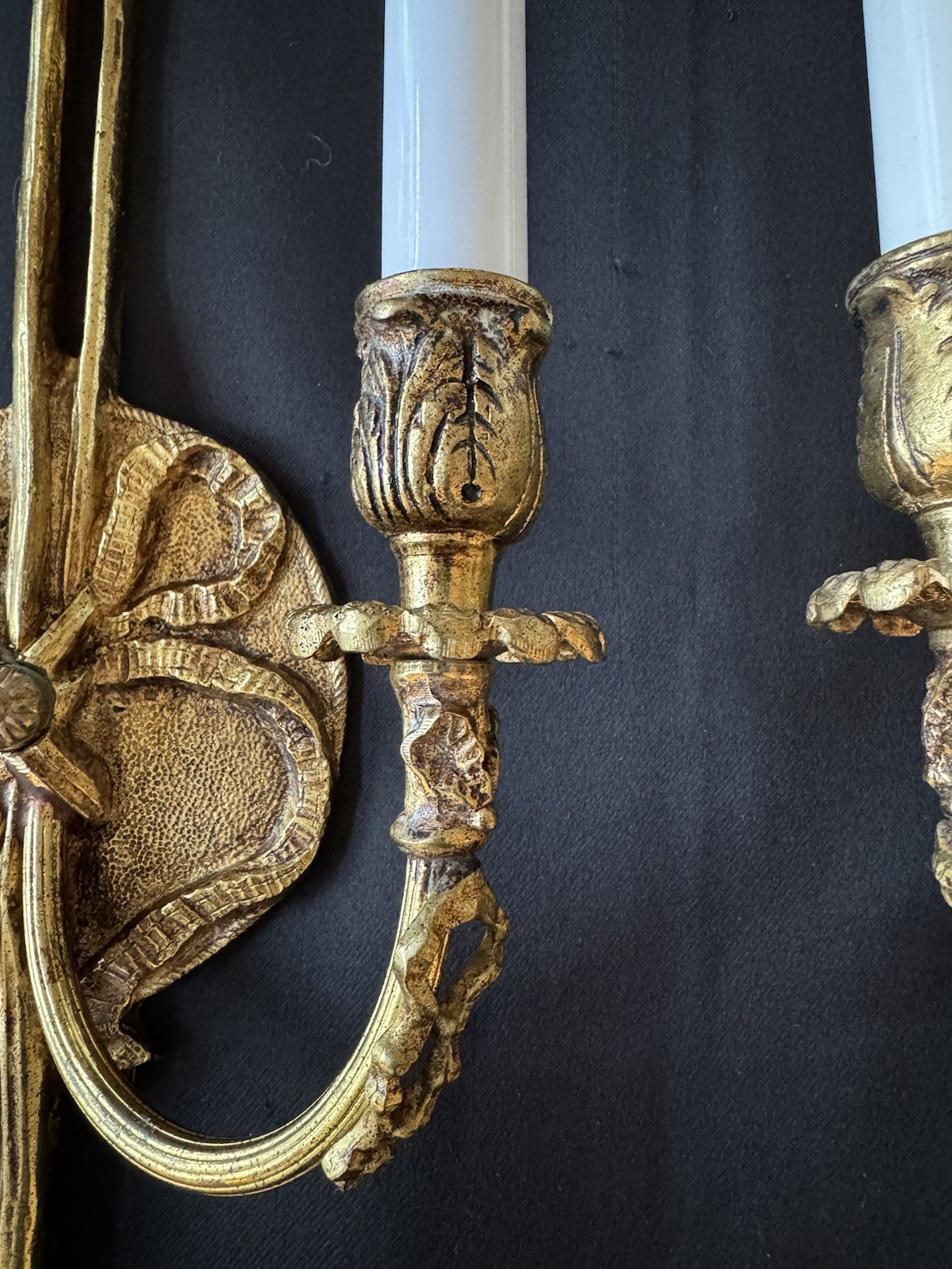 PAIR Vintage French Brass Bow Tassels Wall Sconce Candelabras 2 Pair Available