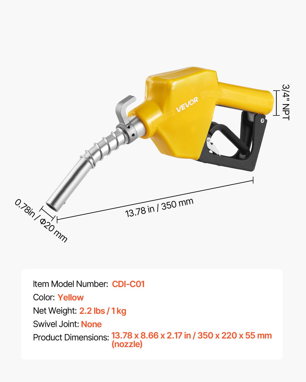 VEVOR 3/4 in NPT Automatic Fuel Nozzle 0.78 in Spout Auto Shut Off Diesel Nozzle