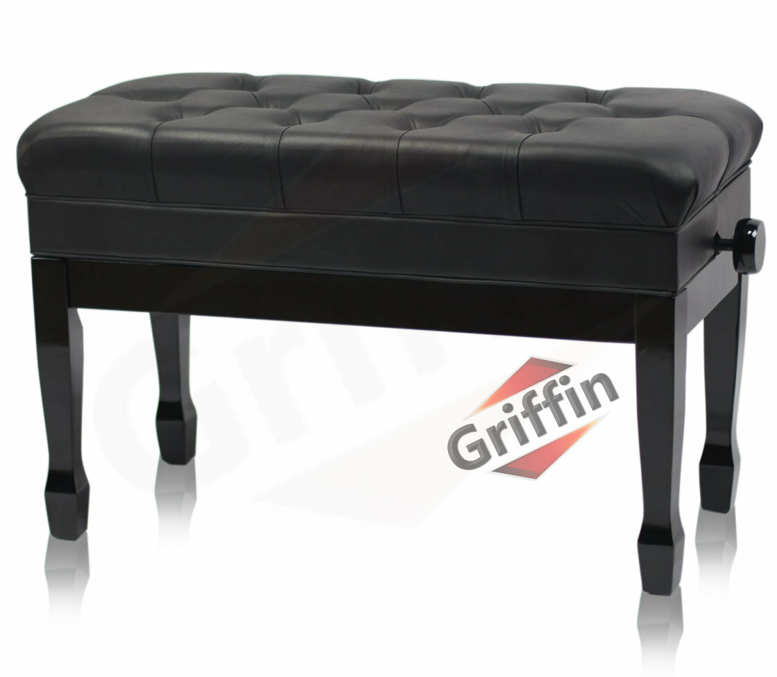 GRIFFIN Genuine Leather Duet Piano Bench Seat | Black Wood Keyboard Guitar Stool