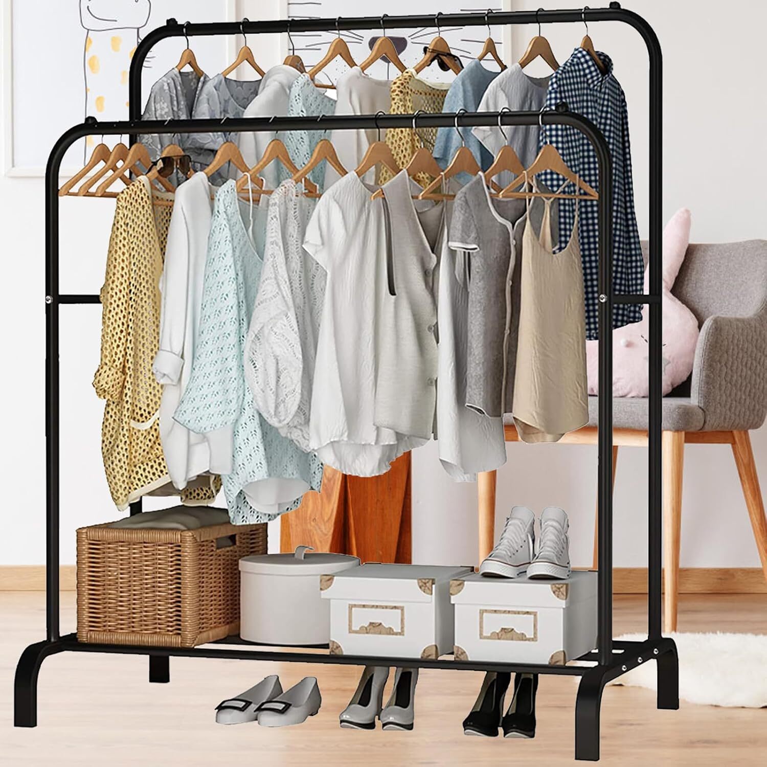 Heavy Duty Clothing Garment Rack Rolling Clothes Organizer Double Rails Hanging