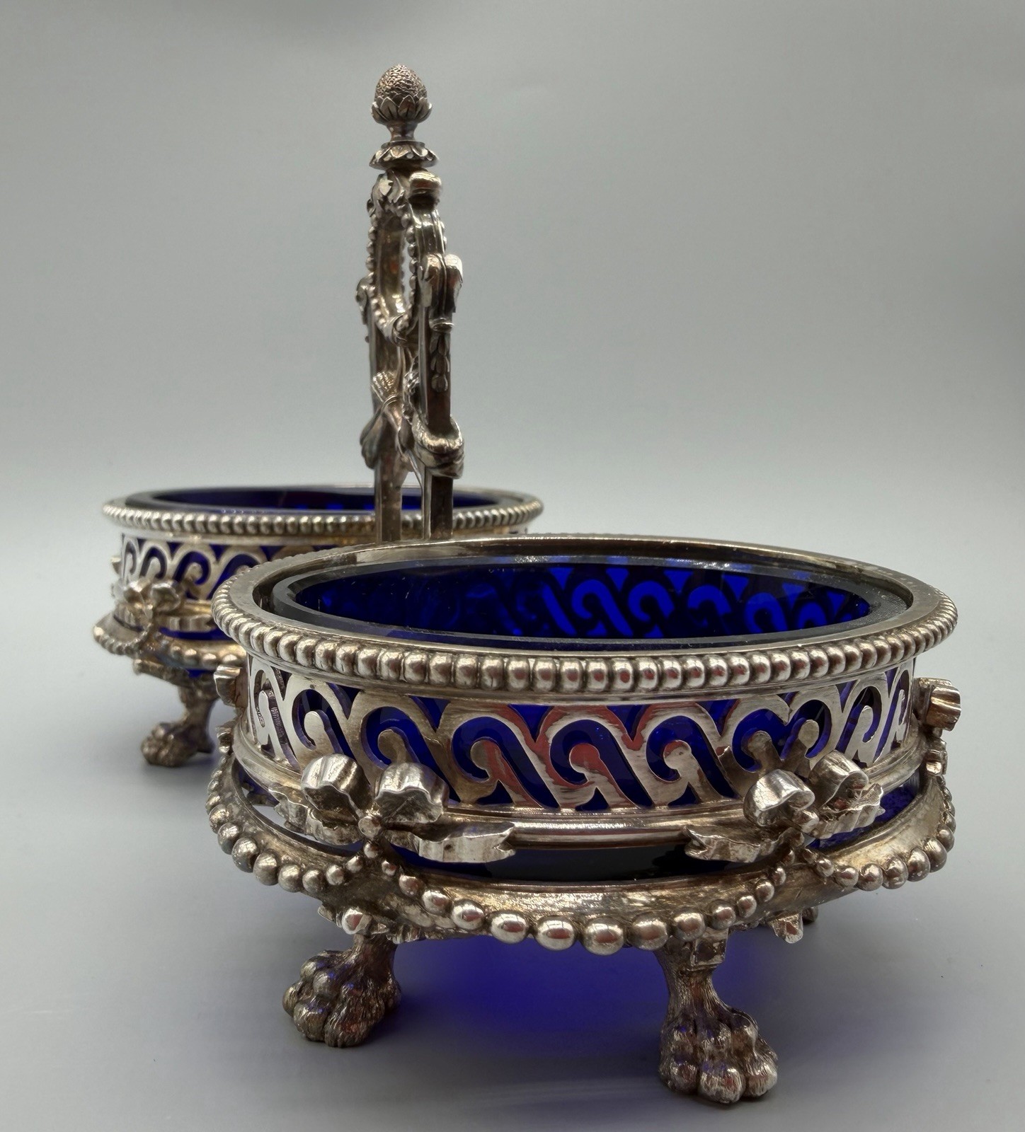 Belgian .900 Silver Double Salt Cellar with Cobalt Glass Liners, 334 grams