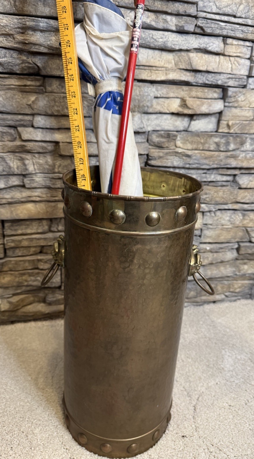 18" Tall Vintage Hammered Brass Umbrella Stand With Lion Head Handles Hong Kong