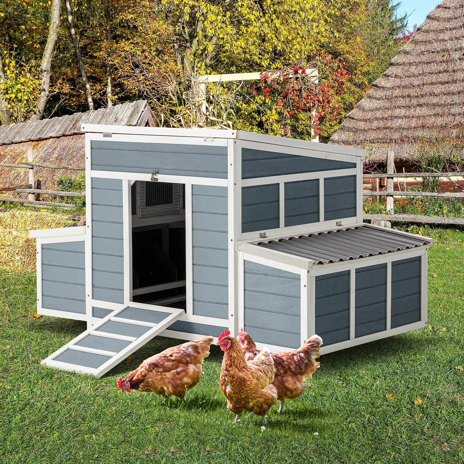 56" Wooden Large Chicken Coop W/ 6 Nesting Boxes Hen House Outdoor Chicken Cage