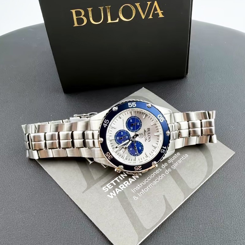 Men Bulova Marine Star White/Blue Dial Chronograph 98B423 Quartz Watch 41.5mm