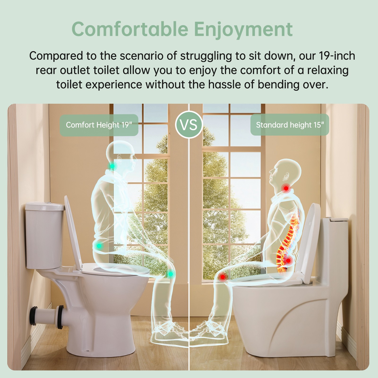 19 inch Rear Outlet Toilet with Tank Powerful Flush with Extra Extension Pipe