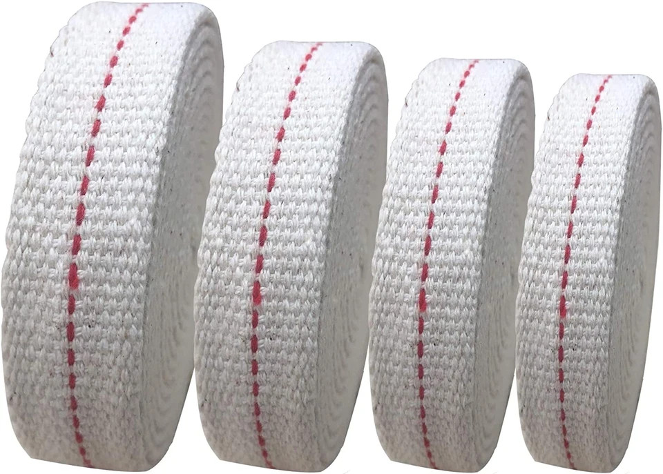 4 Rolls Oil Lamp Wick 1/2, 3/4, 7/8 Inch Flat Cotton Wick 6.5 Ft/roll Red Stitch