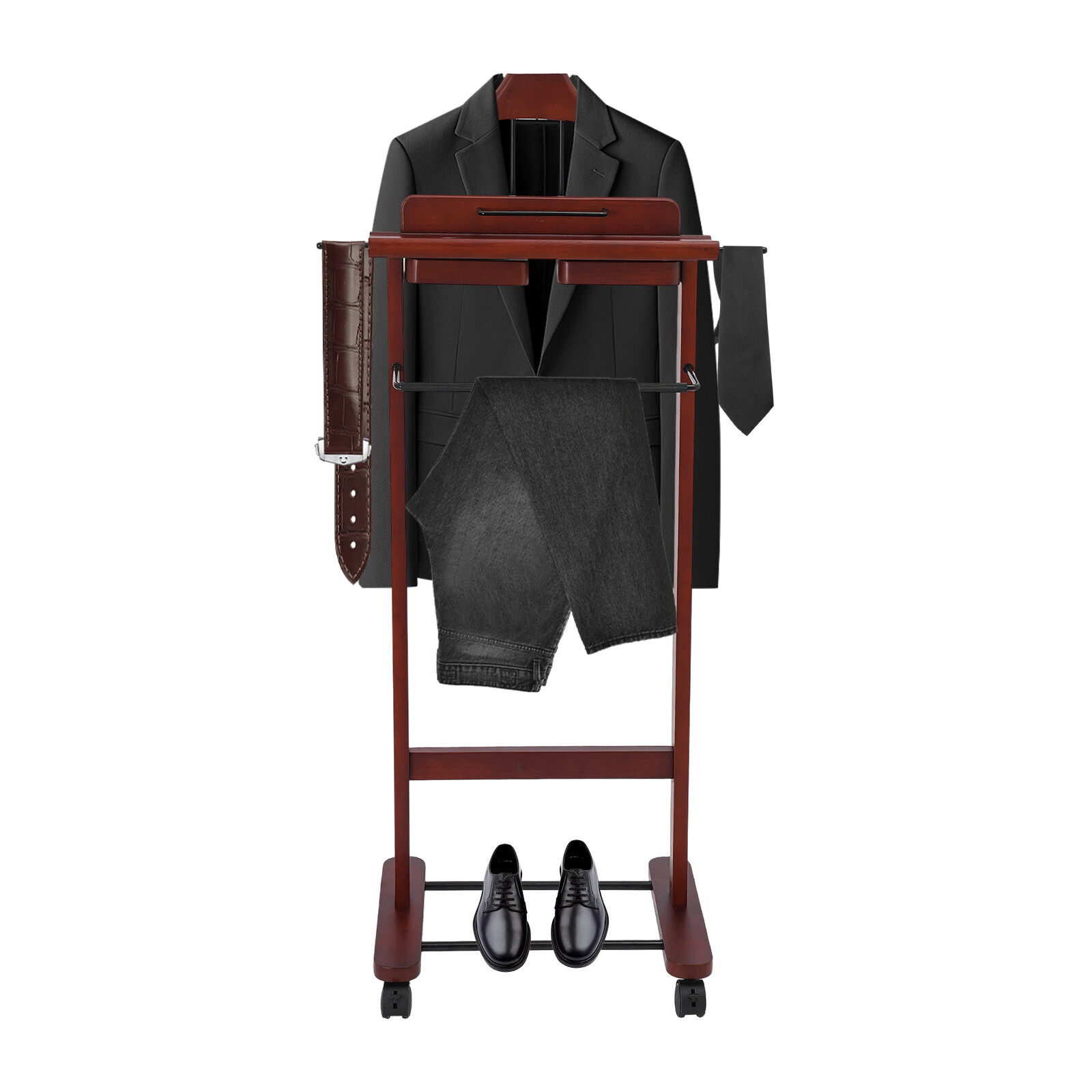 30kg Capacity Wood Suit Rack Freestanding Clothing Stand Suit Stand W/Wheels