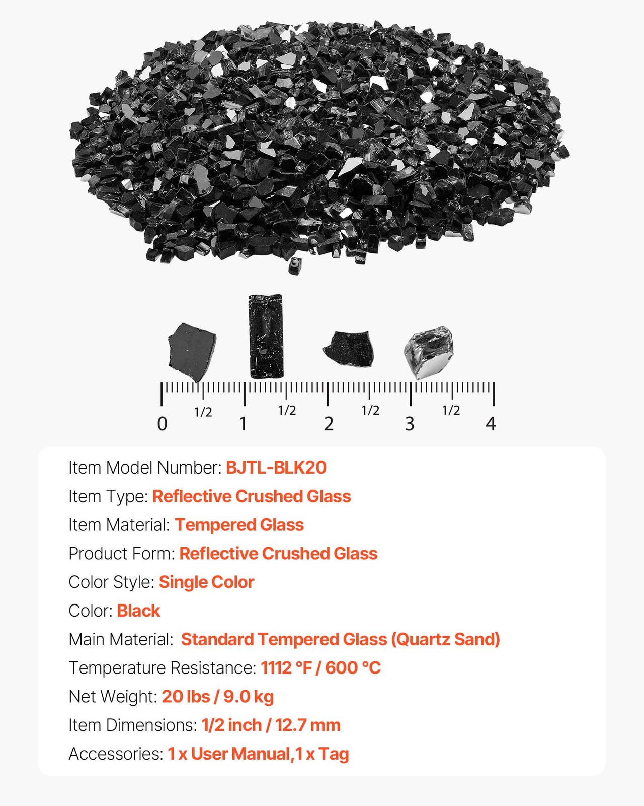 VEVOR 20 LBS Fire Glass 1/2-Inch Fireplace Glass Rocks for Fire Pit Table Black