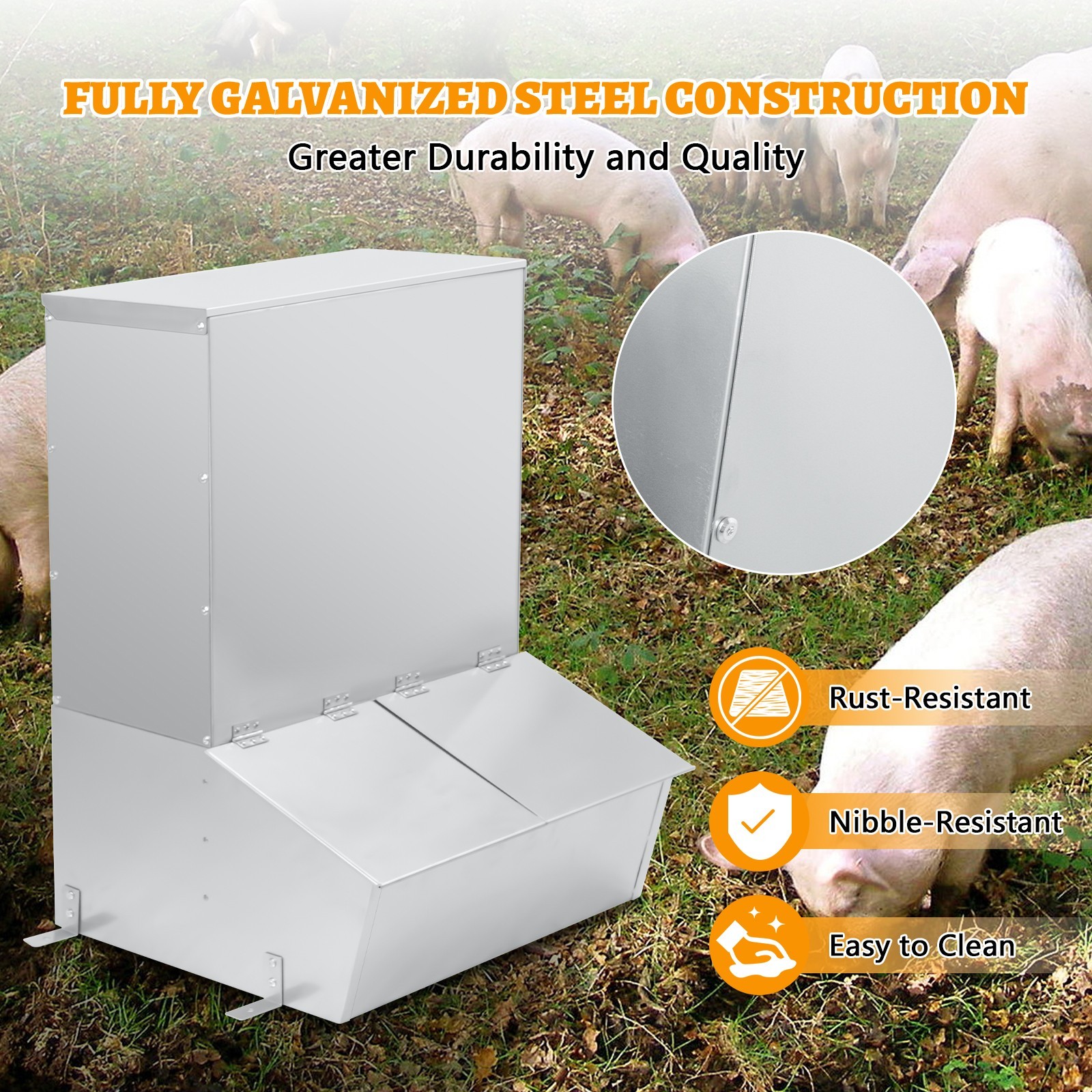 Hog Feeder,3 Bushel Double Door Automatic Pig Feeder,Galvanized Steel Pig Trough