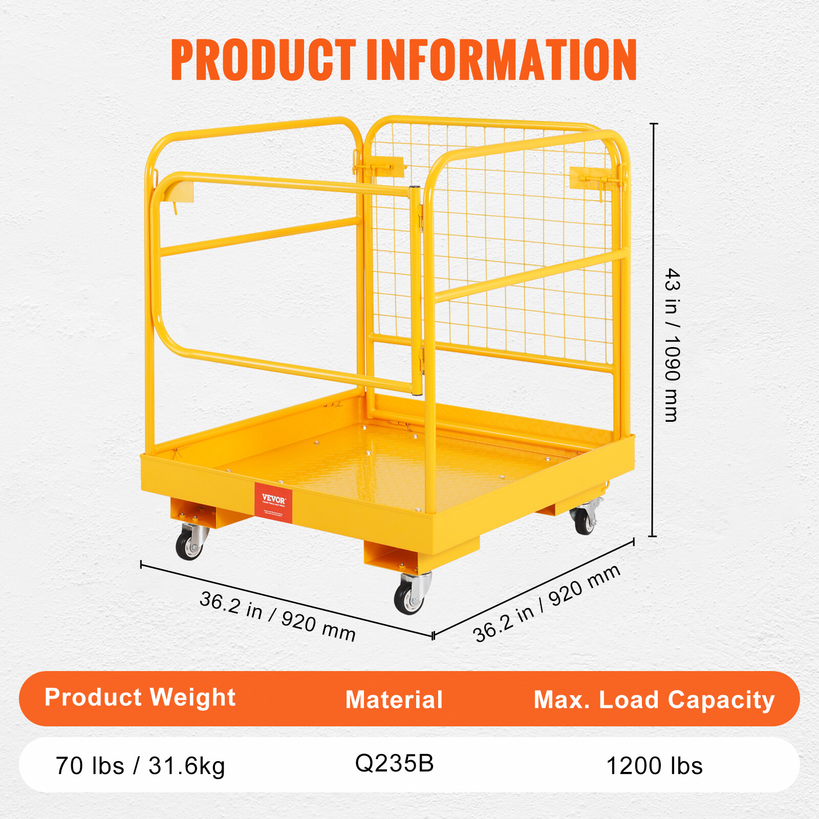 VEVOR 36"x36" Forklift Safety Cage Work Platform 1200lbs w/Wheels for Aerial
